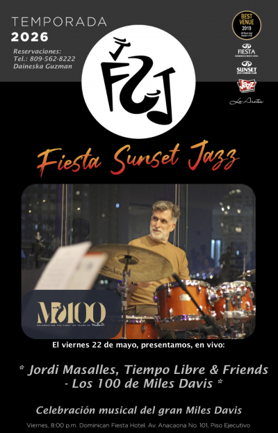 Jordi Masalles And Tiempo Libre Celebrates Miles Davis 100 at Fiesta Sunset Jazz - event poster Jordi Masalles And Tiempo Libre Celebrates Miles Davis 100 at Fiesta Sunset Jazz