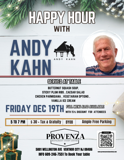 Happy Hour With Andy Kahn In Ventnor NJ at Provenza Restaurant & Event Center