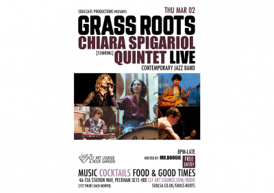 Grass Roots With Chiara Spigariol Quintet (live), Free Entry at The CLF Art Lounge And Roof Garden - event poster Grass Roots With Chiara Spigariol Quintet (live), Free Entry at The CLF Art Lounge And Roof Garden