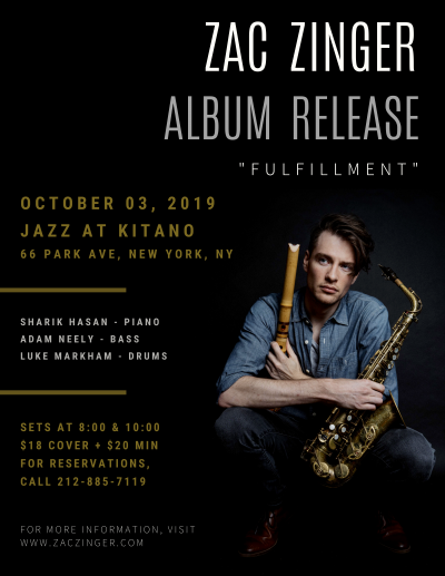 Zac Zinger Album Release Show at Jazz at Kitano