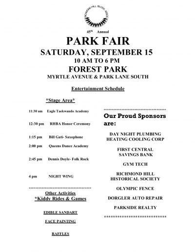 Bill Gati Jazz Saxophonist at Richmond Hill Block Association Park Fair at Forest Park Buddy Square - event poster Bill Gati Jazz Saxophonist at Richmond Hill Block Association Park Fair at Forest Park Buddy Square