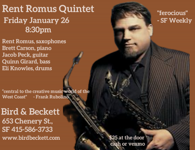 Rent Romus Quintet at Bird & Beckett Books & Records - event poster Rent Romus Quintet at Bird & Beckett Books & Records