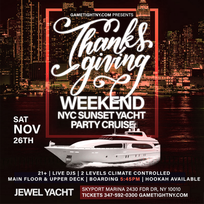 Nyc Friendsgiving Weekend Sunset Yacht Party Cruise At The Jewel Yacht 2022 at Skyport Marina - event poster Nyc Friendsgiving Weekend Sunset Yacht Party Cruise At The Jewel Yacht 2022 at Skyport Marina