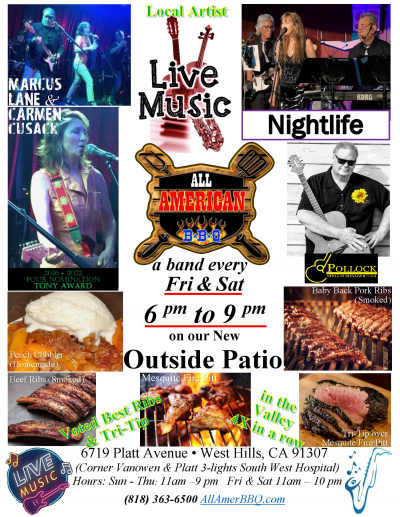 Fri & Sat 6-9 Pm Free Live Music With Your Local Artist @ All American Bbq Voted Best Rib(beef/pork) & Tri-tip In The Valley at All American BBQ at All American BBQ - event poster Fri & Sat 6-9 Pm Free Live Music With Your Local Artist @ All American Bbq Voted Best Rib(beef/pork) & Tri-tip In The Valley at All American BBQ at All American BBQ