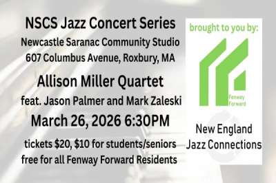 NSCS Jazz Concert Series - Allison Miller Quartet at Nscs Jazz Concert Series at Newcastle Saranac Community Studio - event poster NSCS Jazz Concert Series - Allison Miller Quartet at Nscs Jazz Concert Series at Newcastle Saranac Community Studio