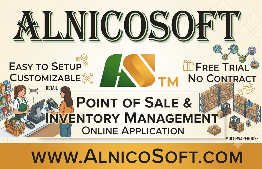 AlnicoSoft cloud POS and inventory management system banner showing retail store checkout and multi-warehouse tracking software.