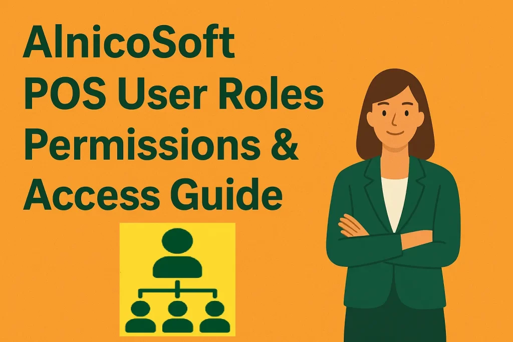 AlnicoSoft POS user roles and hierarchy diagram showing Owner, Super Admin, Admin, Store Manager, and Cashier with staff interacting with the POS system.