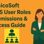 AlnicoSoft POS user roles and hierarchy diagram showing Owner, Super Admin, Admin, Store Manager, and Cashier with staff interacting with the POS system.