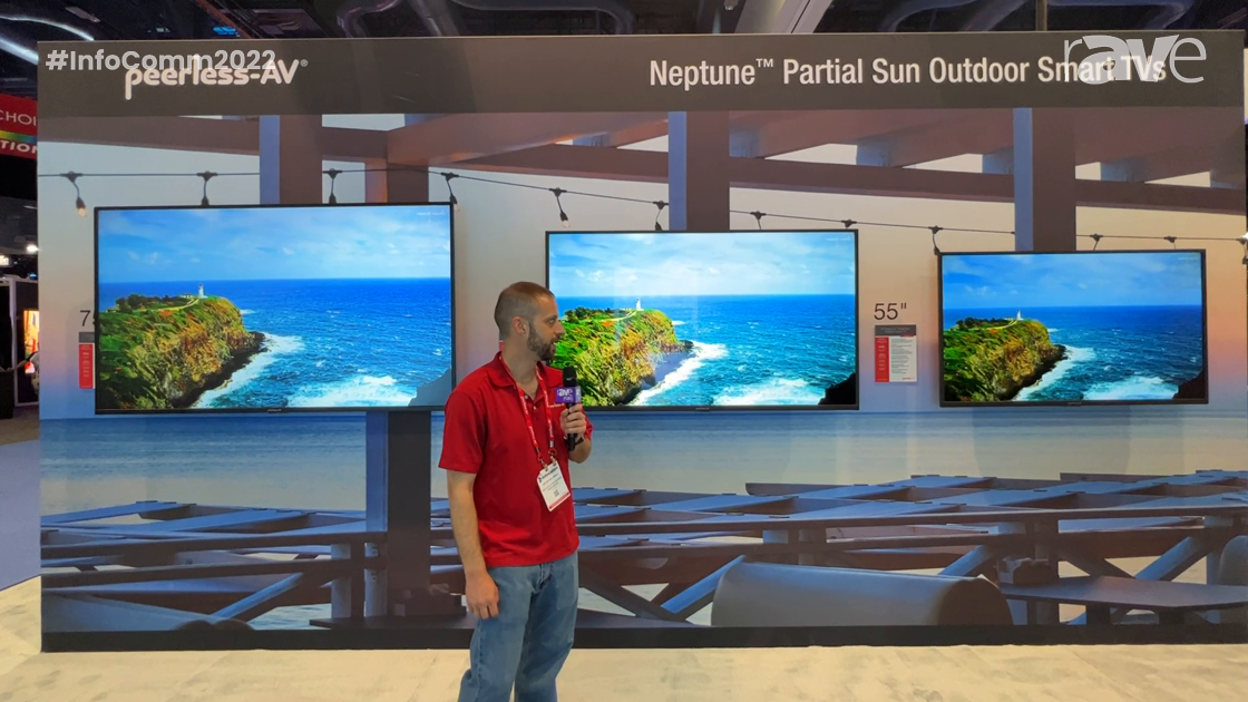InfoComm 2022: Peerless-AV Highlights Neptune Partial Sun Outdoor TVs With Tilt Mount