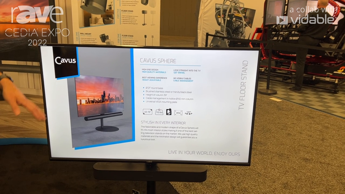 CEDIA Expo 22: Cavus International Features Rotating TV Stand For TV, Sonos Beam Soundbar Speaker