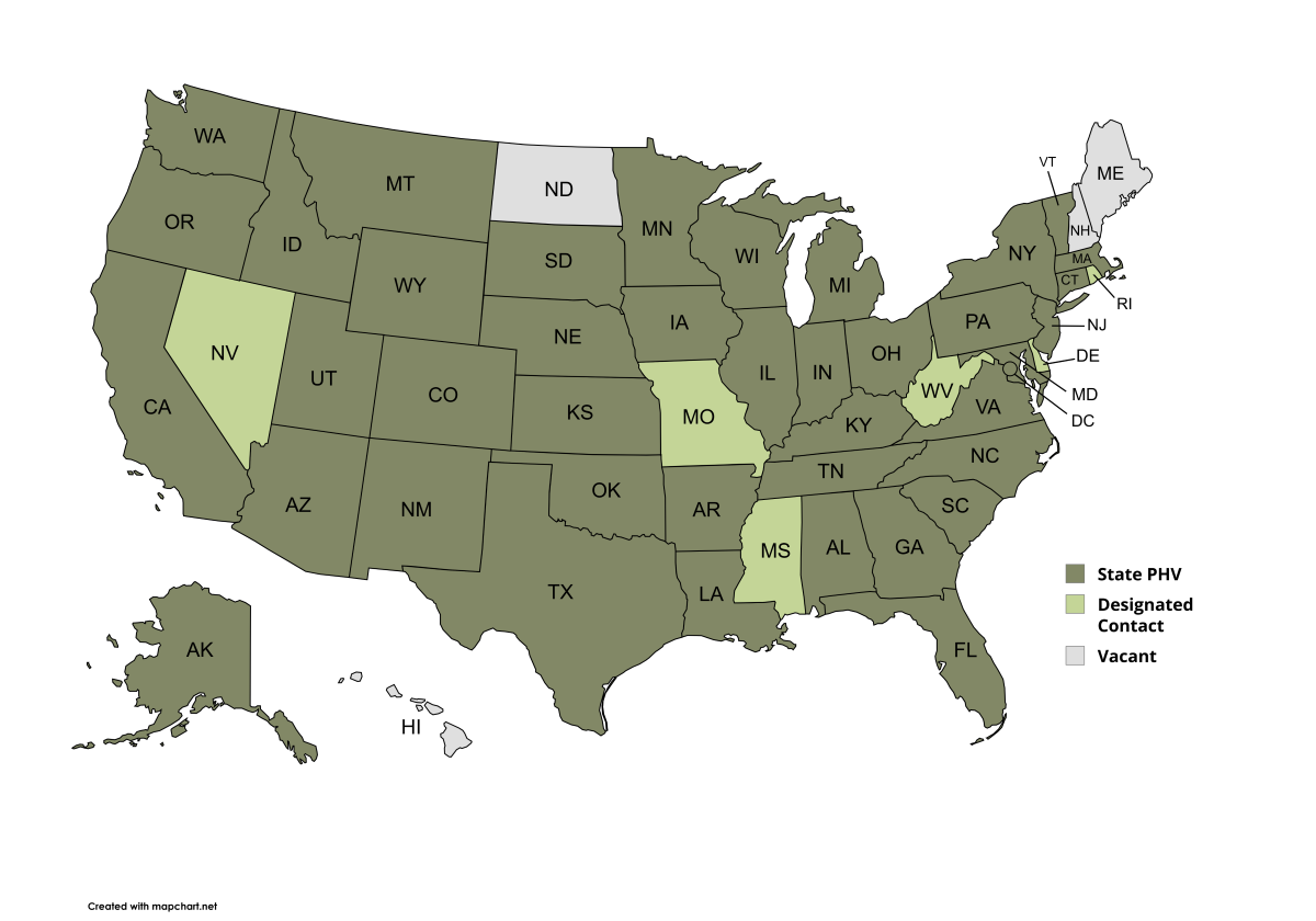Map of the United States showing state public health veterinarian coverage including Alaska and Hawaii