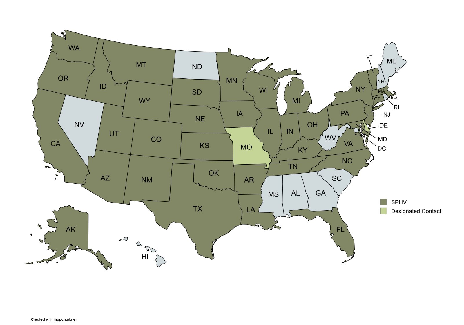 Map of the United States showing state public health veterinarian coverage including Alaska and Hawaii