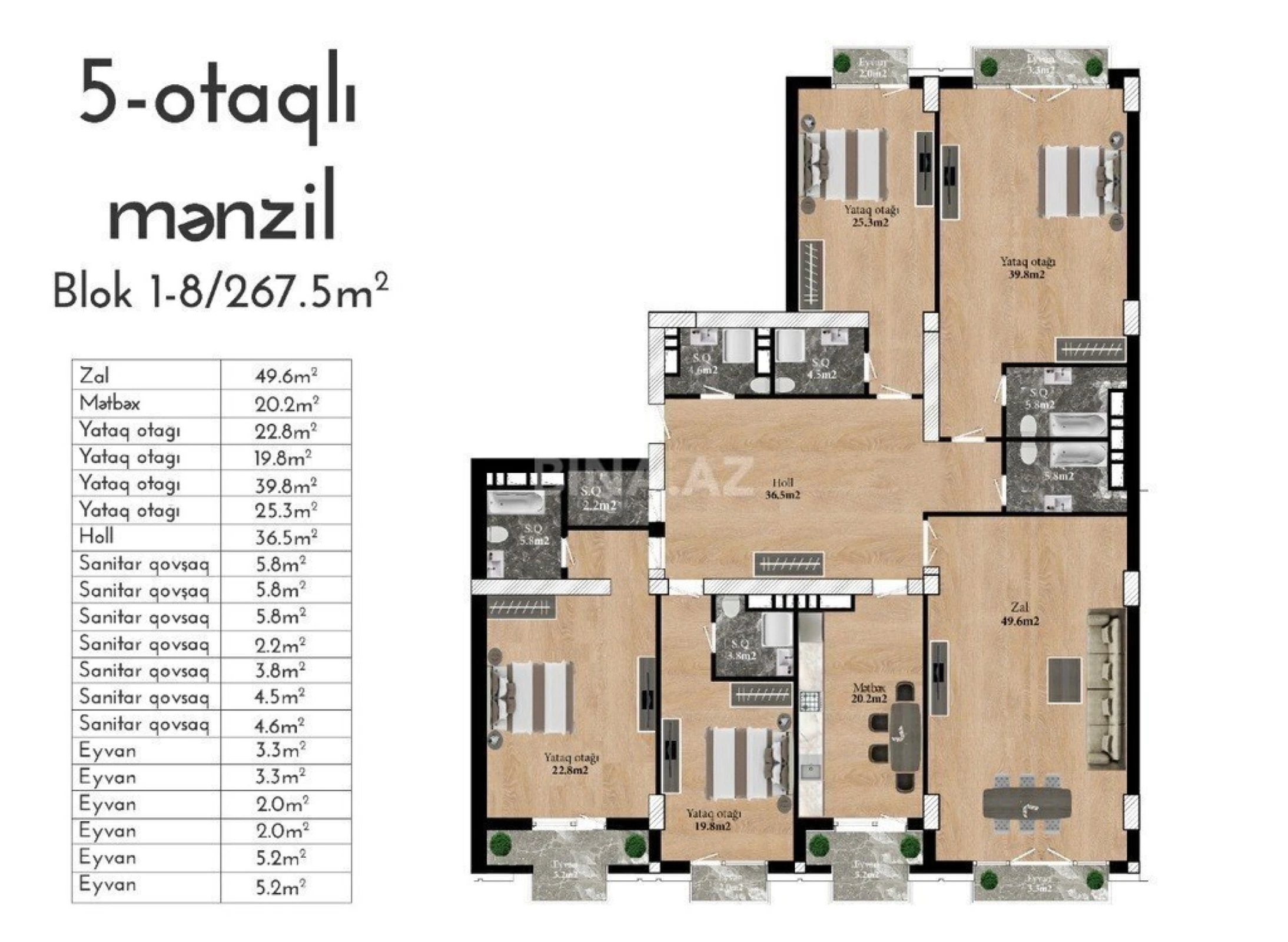 Satılır 5 otaqlı mənzil 267.5 m²