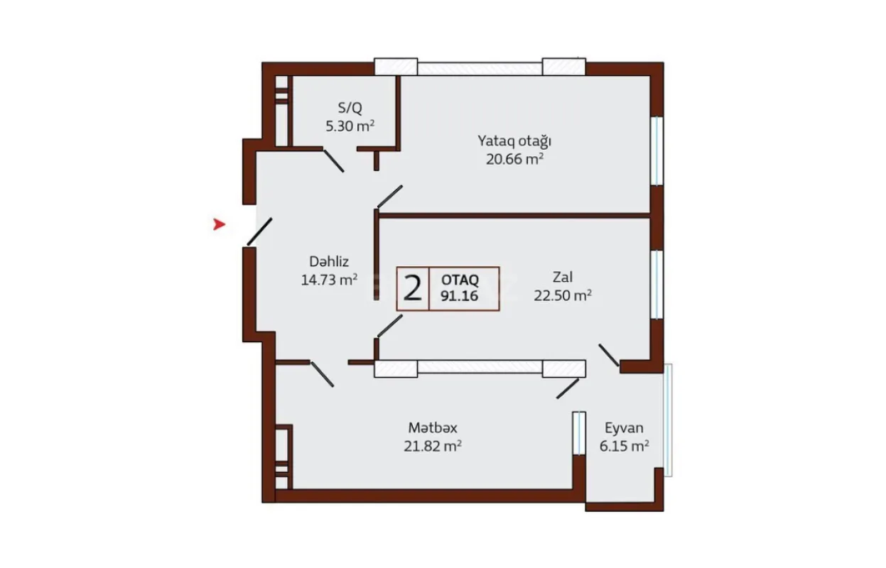 Satılır 2 otaqlı mənzil 91.16 m²