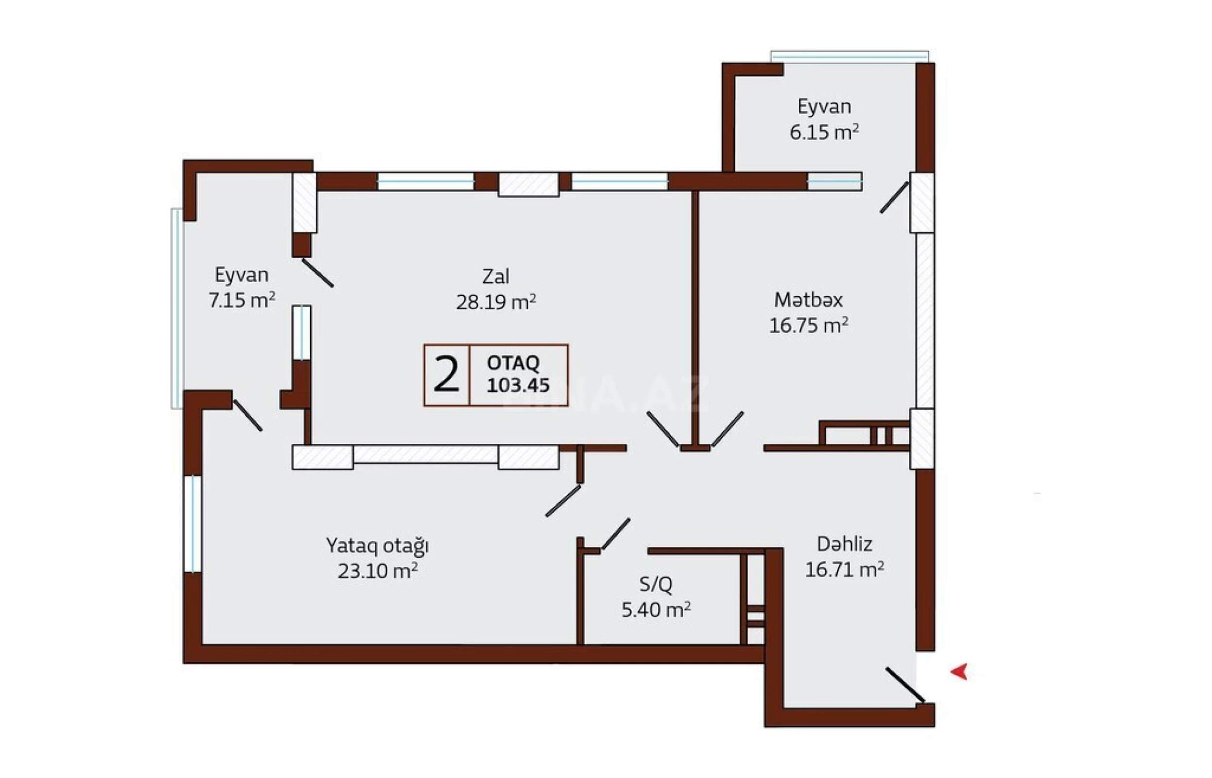 Satılır 2 otaqlı mənzil 103.45 m²