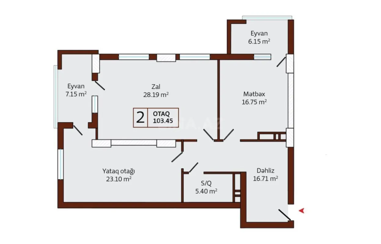 Satılır 2 otaqlı mənzil 103.45 m²