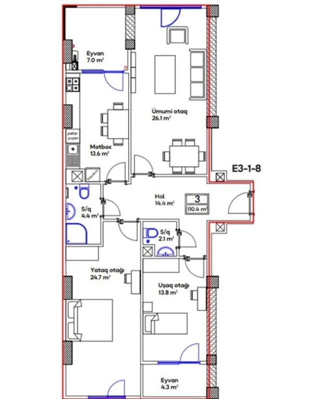 Satılır 3 otaqlı mənzil 110.4 m²