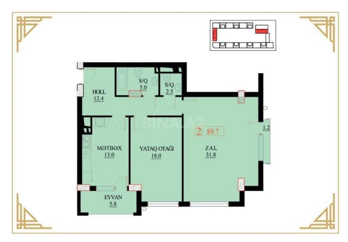 Satılır 2 otaqlı mənzil 89.7 m²