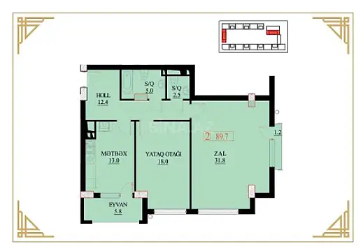 Satılır 2 otaqlı mənzil 89.7 m²