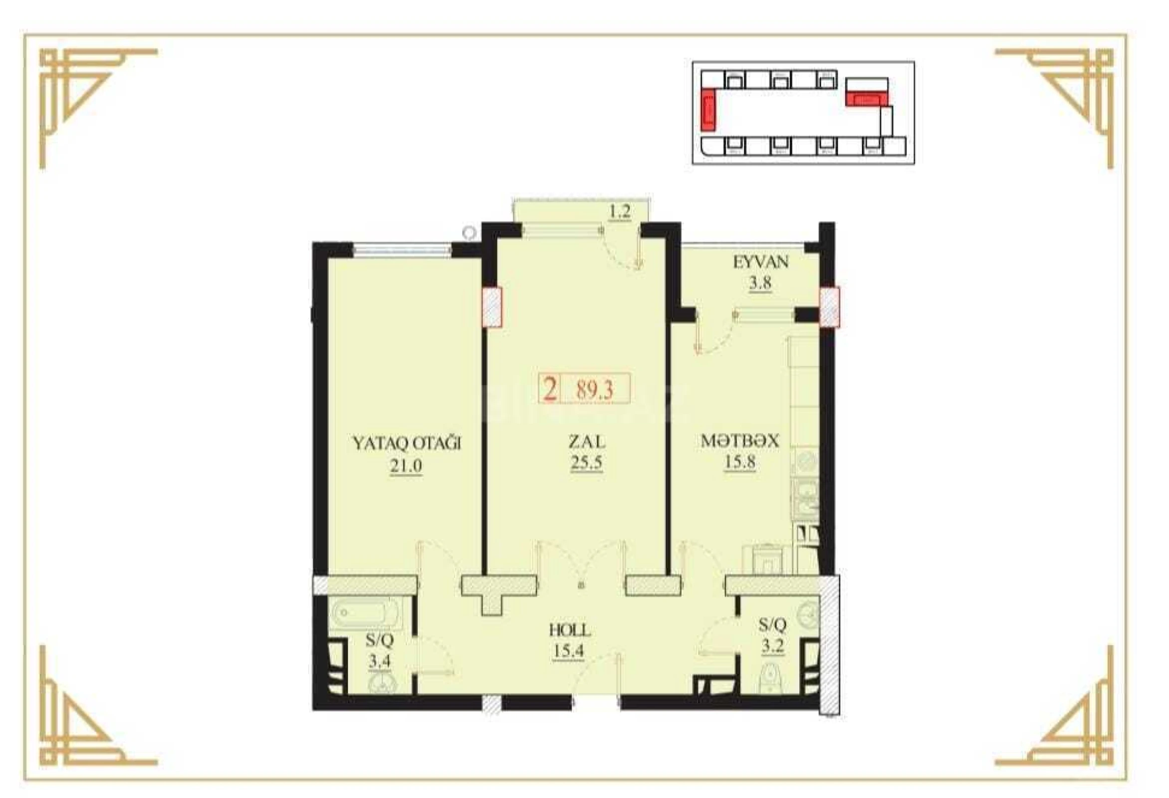 Satılır 2 otaqlı mənzil 89.3 m²