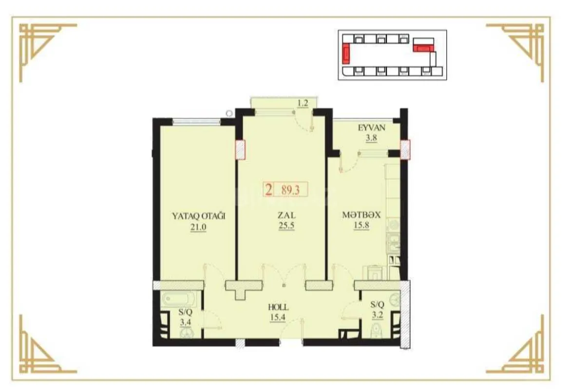 Satılır 2 otaqlı mənzil 89.3 m²