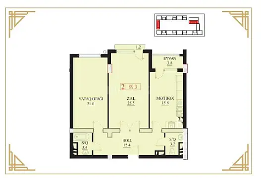 Satılır 2 otaqlı mənzil 89.3 m²