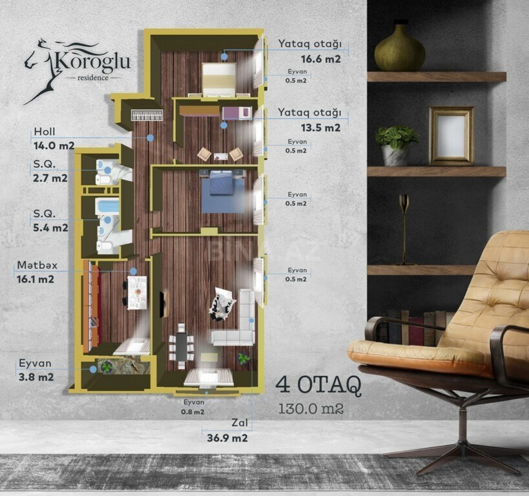 Satılır 4 otaqlı mənzil 130 m²