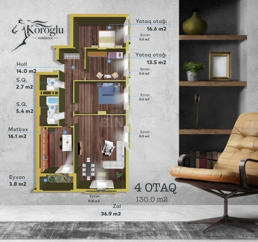 Satılır 4 otaqlı mənzil 130 m²