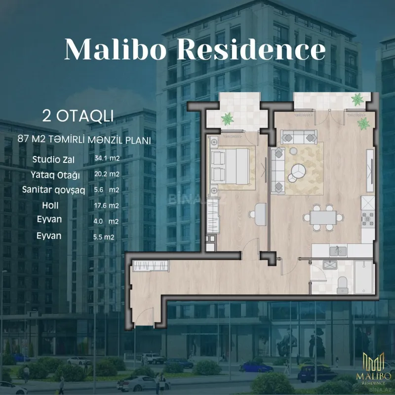 Satılır 2 otaqlı mənzil 87 m²