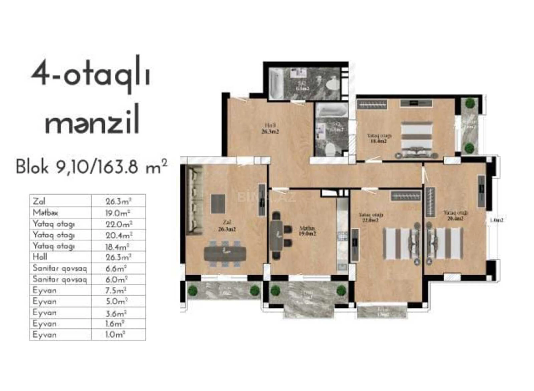 Satılır 4 otaqlı mənzil 163.8 m²