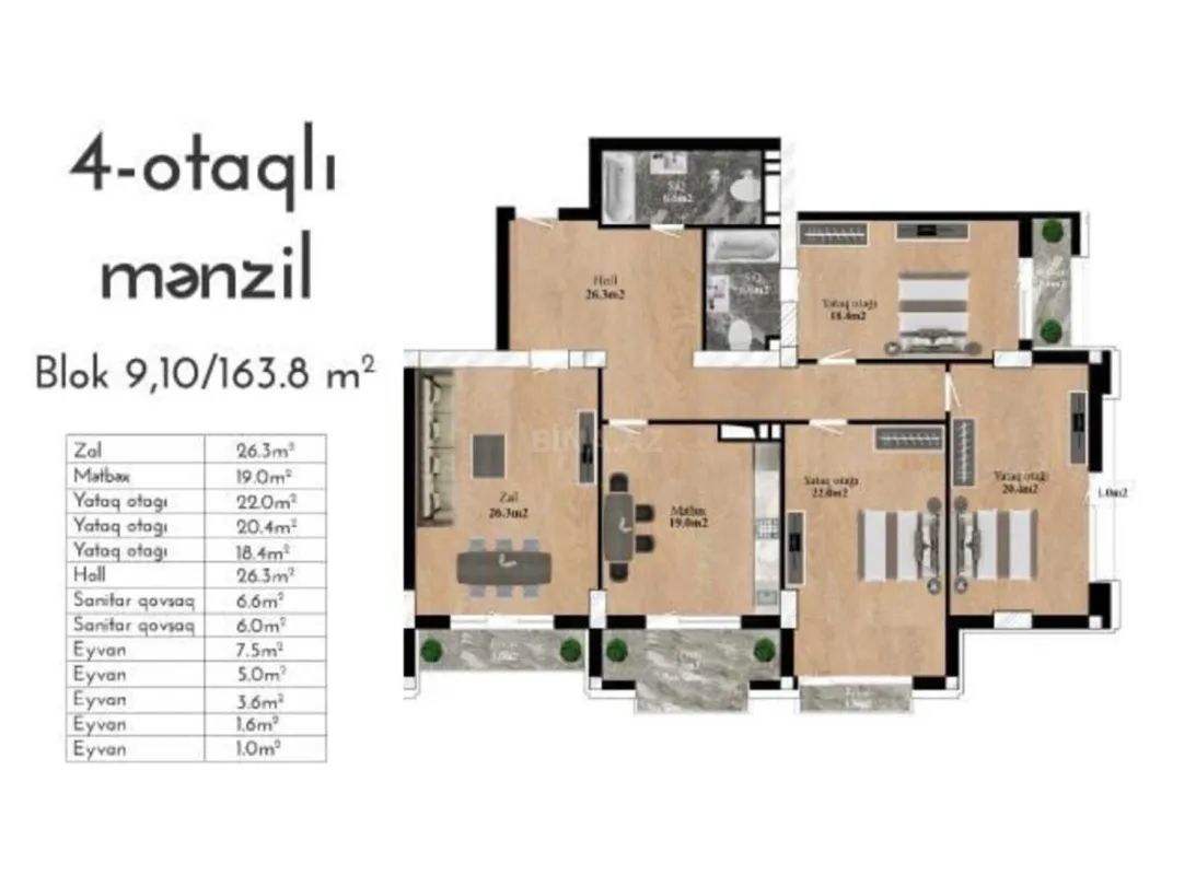 Satılır 4 otaqlı mənzil 163.8 m²
