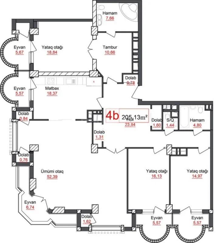 Satılır 4 otaqlı mənzil 205.13 m²