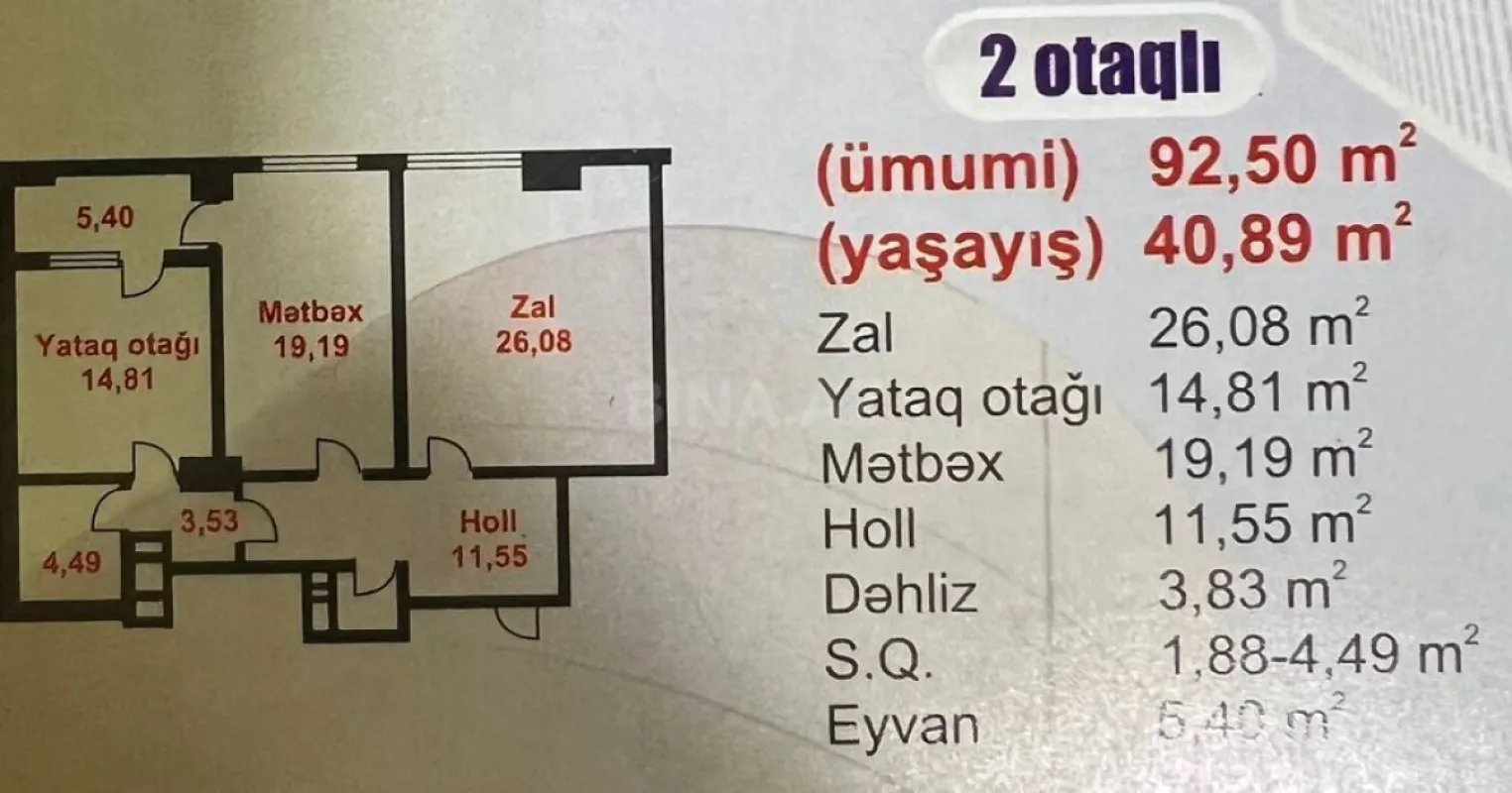 Satılır 2 otaqlı mənzil 92.5 m²