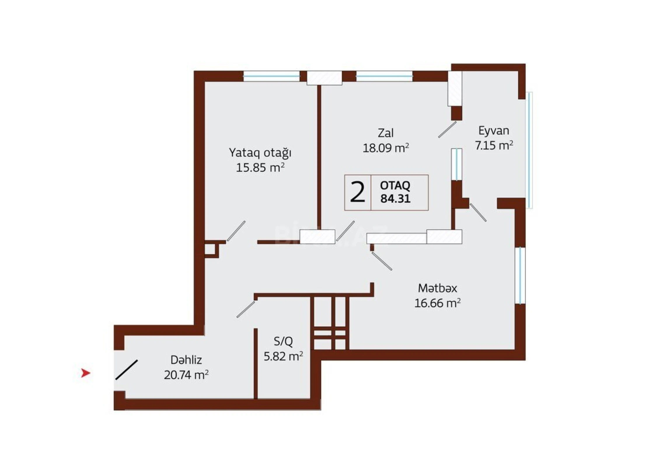 Satılır 2 otaqlı mənzil 84.31 m²