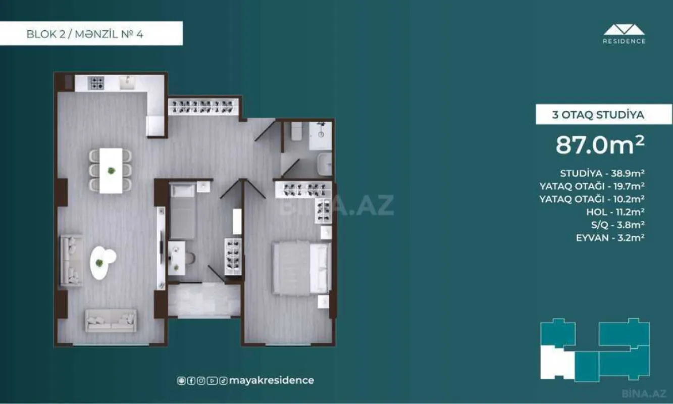 Satılır 2 otaqlı mənzil 87 m²