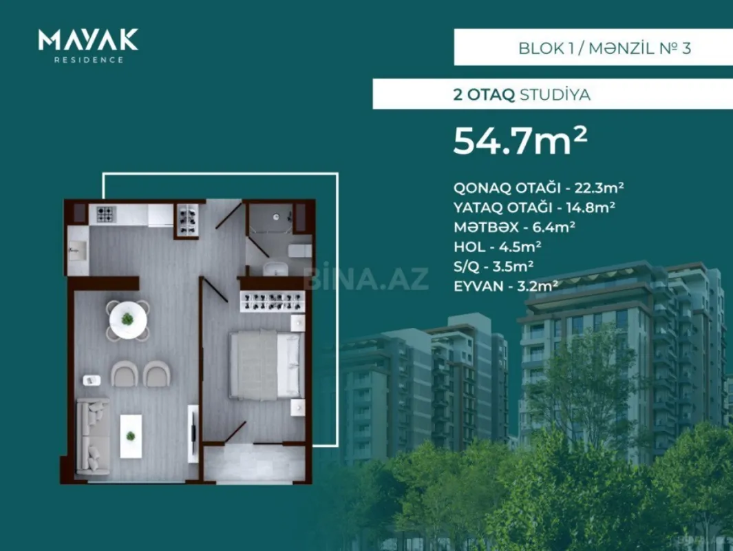 Satılır 2 otaqlı mənzil 54.7 m²