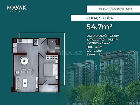 Satılır 2 otaqlı mənzil 54.7 m²