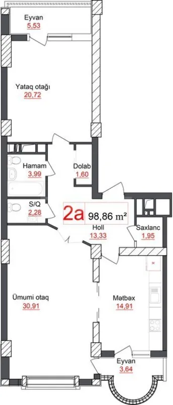 Satılır 2 otaqlı mənzil 98.86 m²