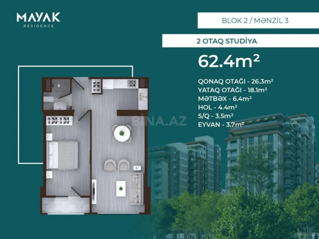 Satılır 2 otaqlı mənzil 62.4 m²