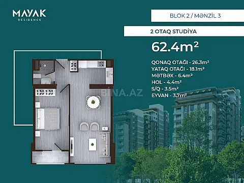 Satılır 2 otaqlı mənzil 62.4 m²