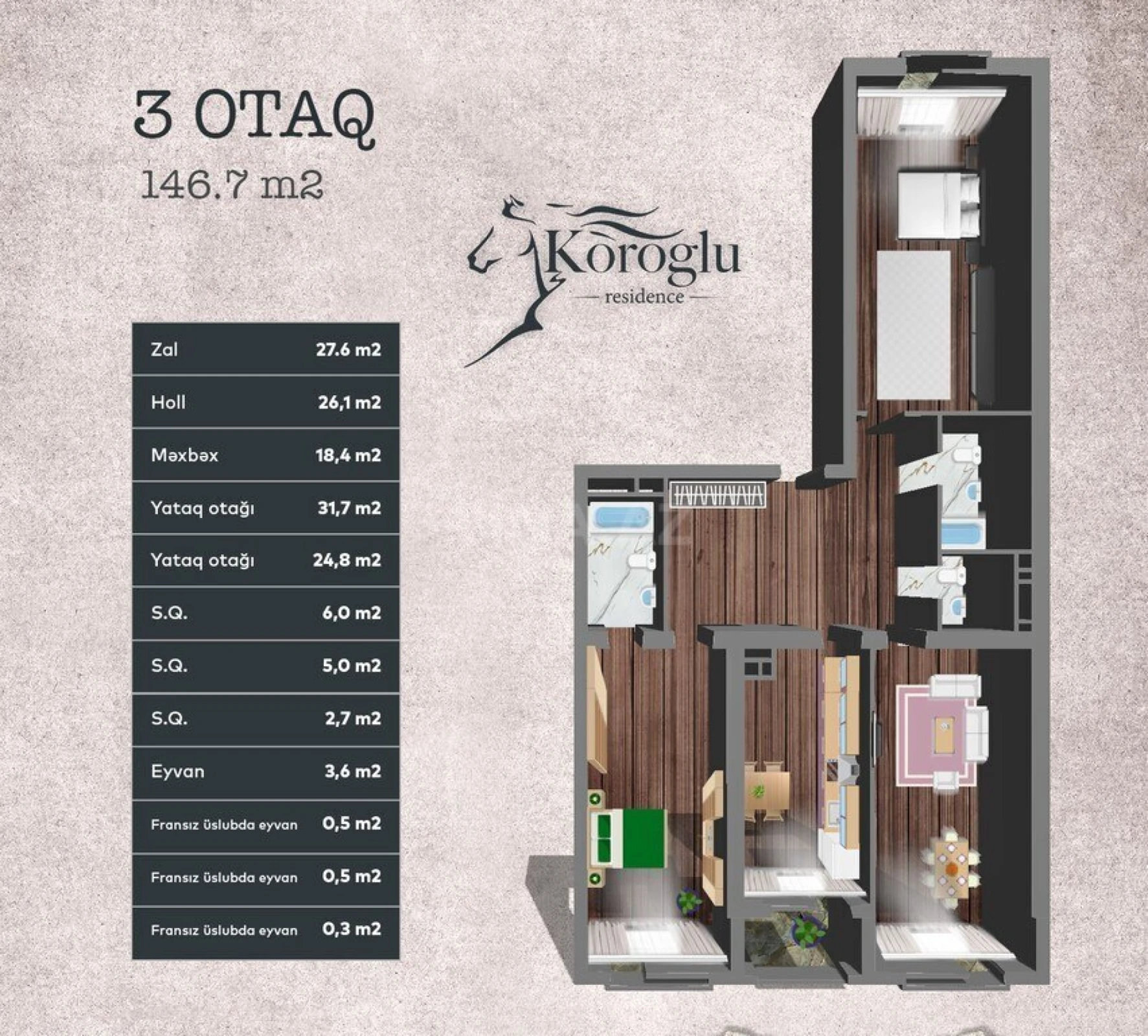 Satılır 3 otaqlı mənzil 146.7 m²