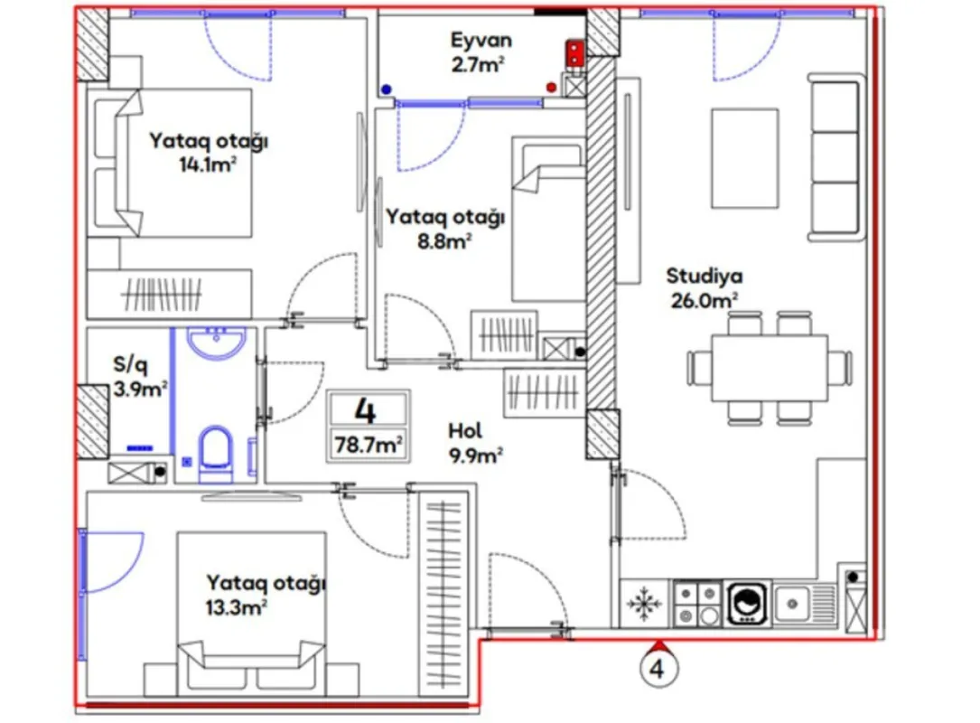 Satılır 4 otaqlı mənzil 78.7 m²