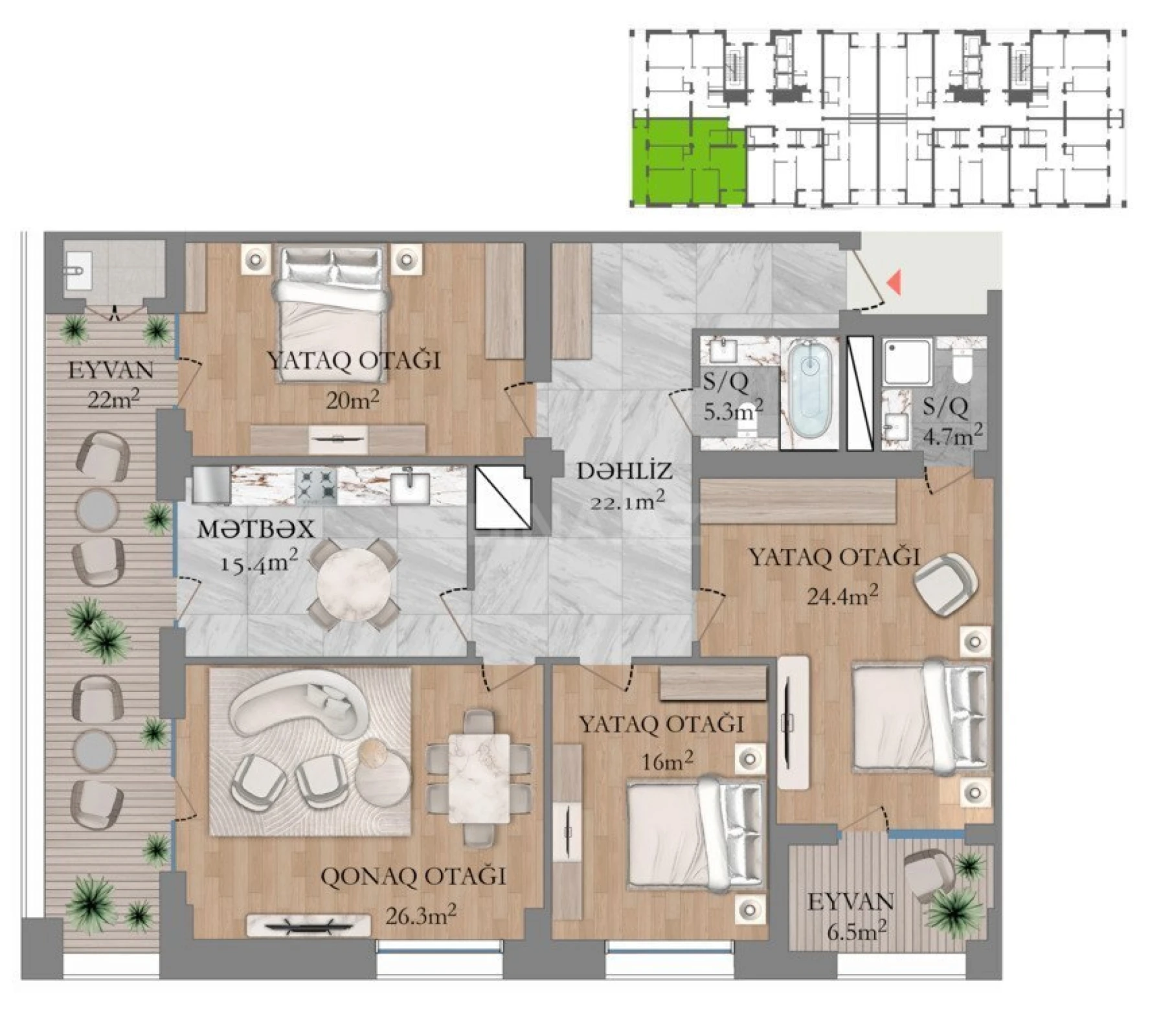 Satılır 4 otaqlı mənzil 161 m²