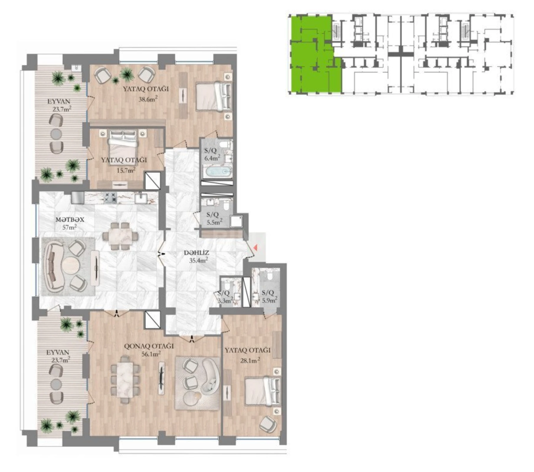 Satılır 4 otaqlı mənzil 299.4 m²
