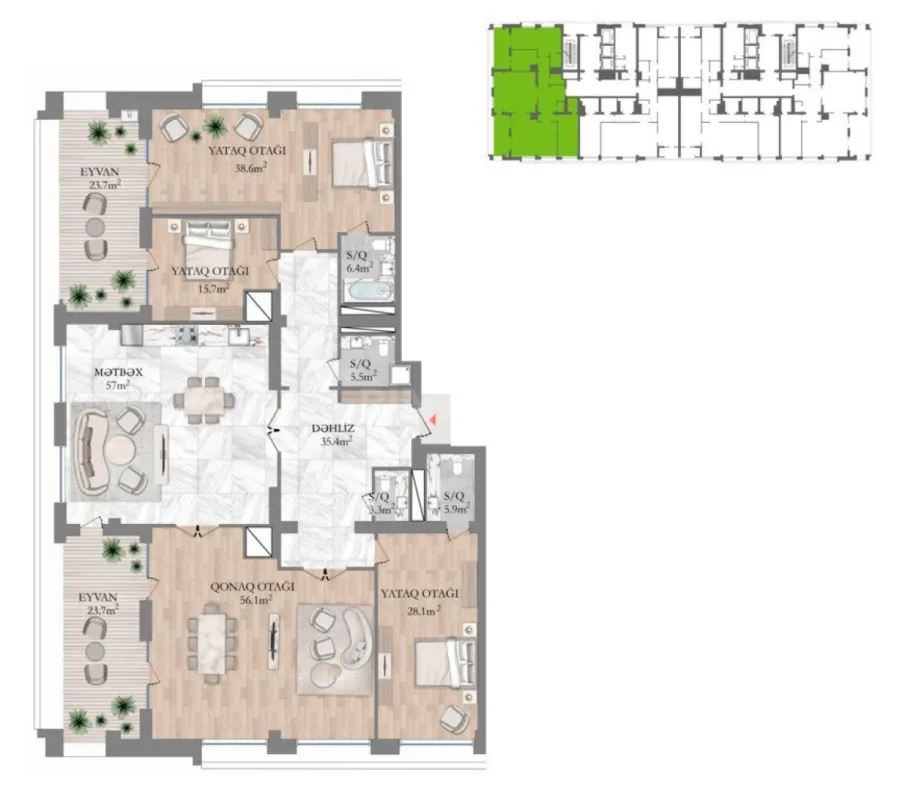 Satılır 4 otaqlı mənzil 299.4 m²