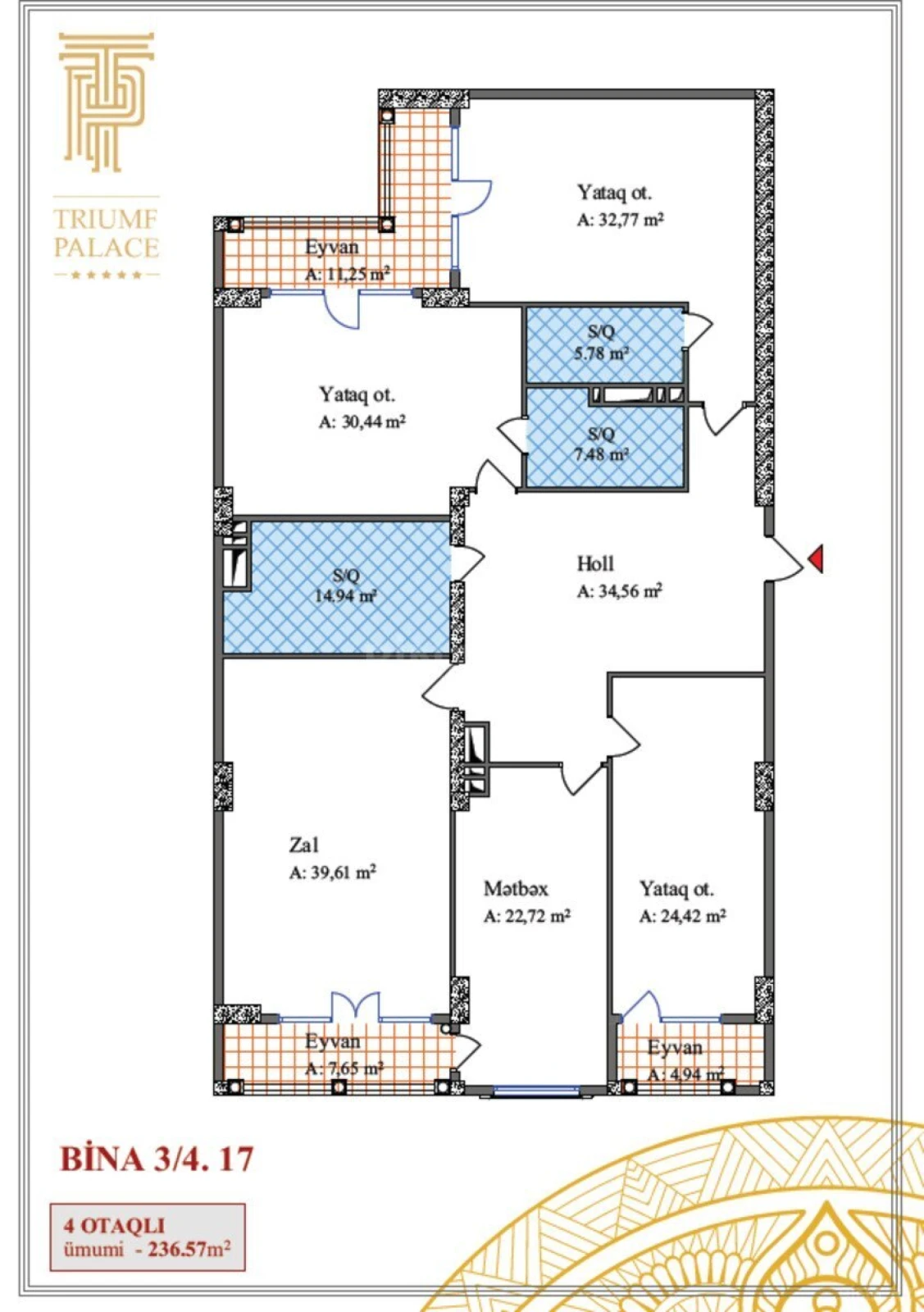 Satılır 4 otaqlı mənzil 236 m²