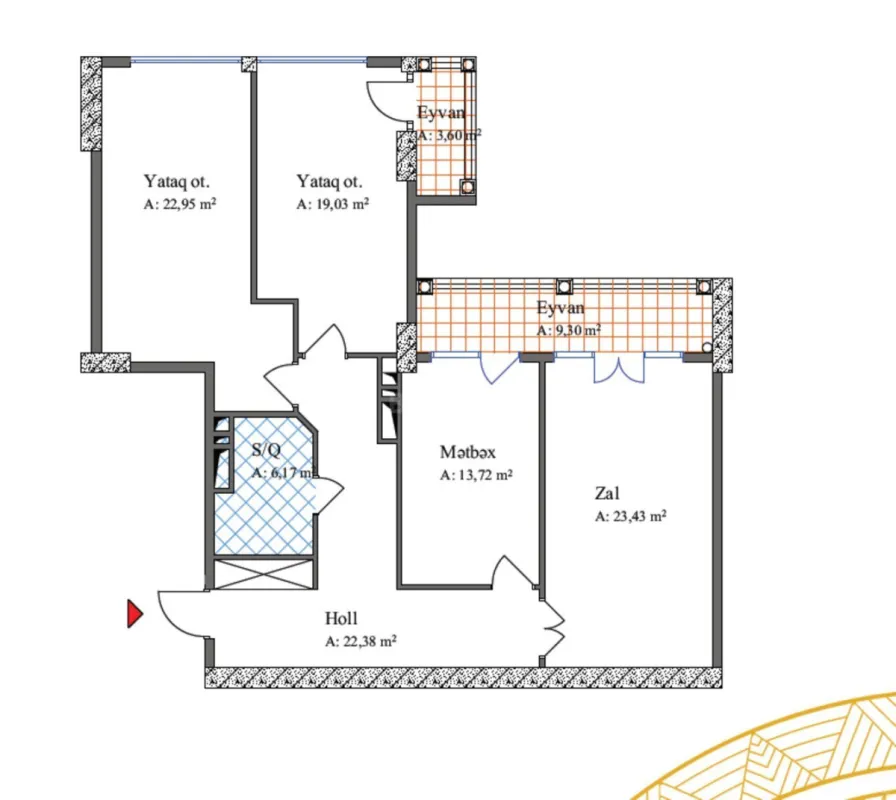 Satılır 3 otaqlı mənzil 121.49 m²