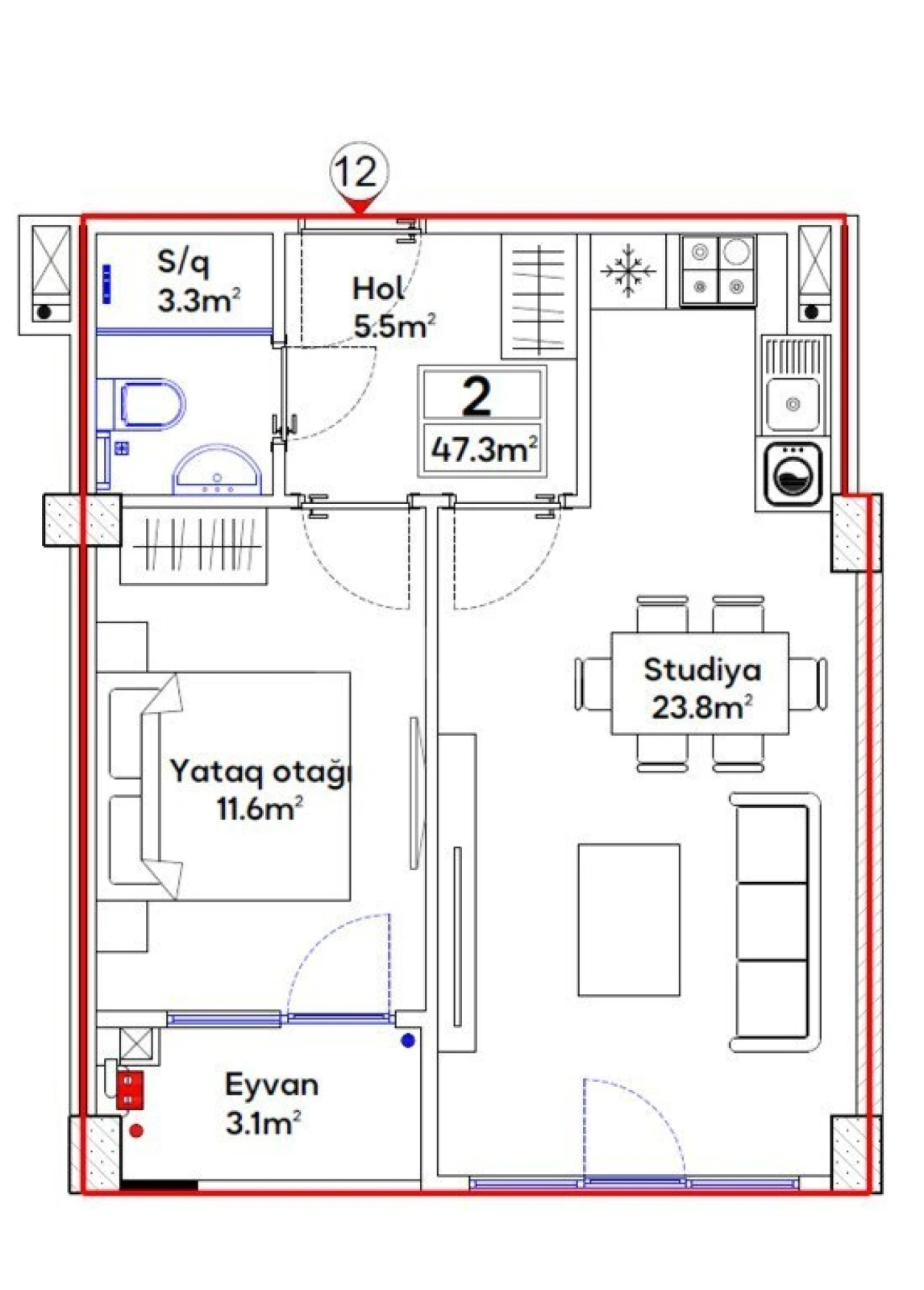 Satılır 2 otaqlı mənzil 47.3 m²