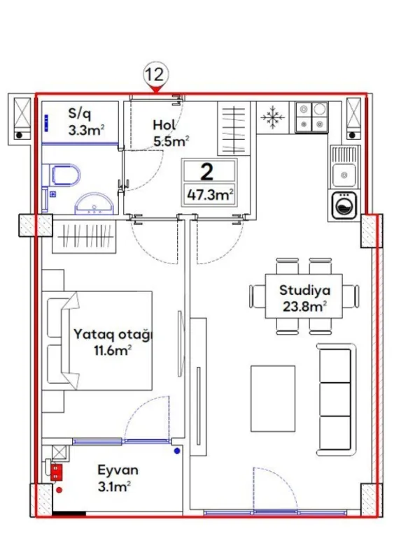 Satılır 2 otaqlı mənzil 47.3 m²