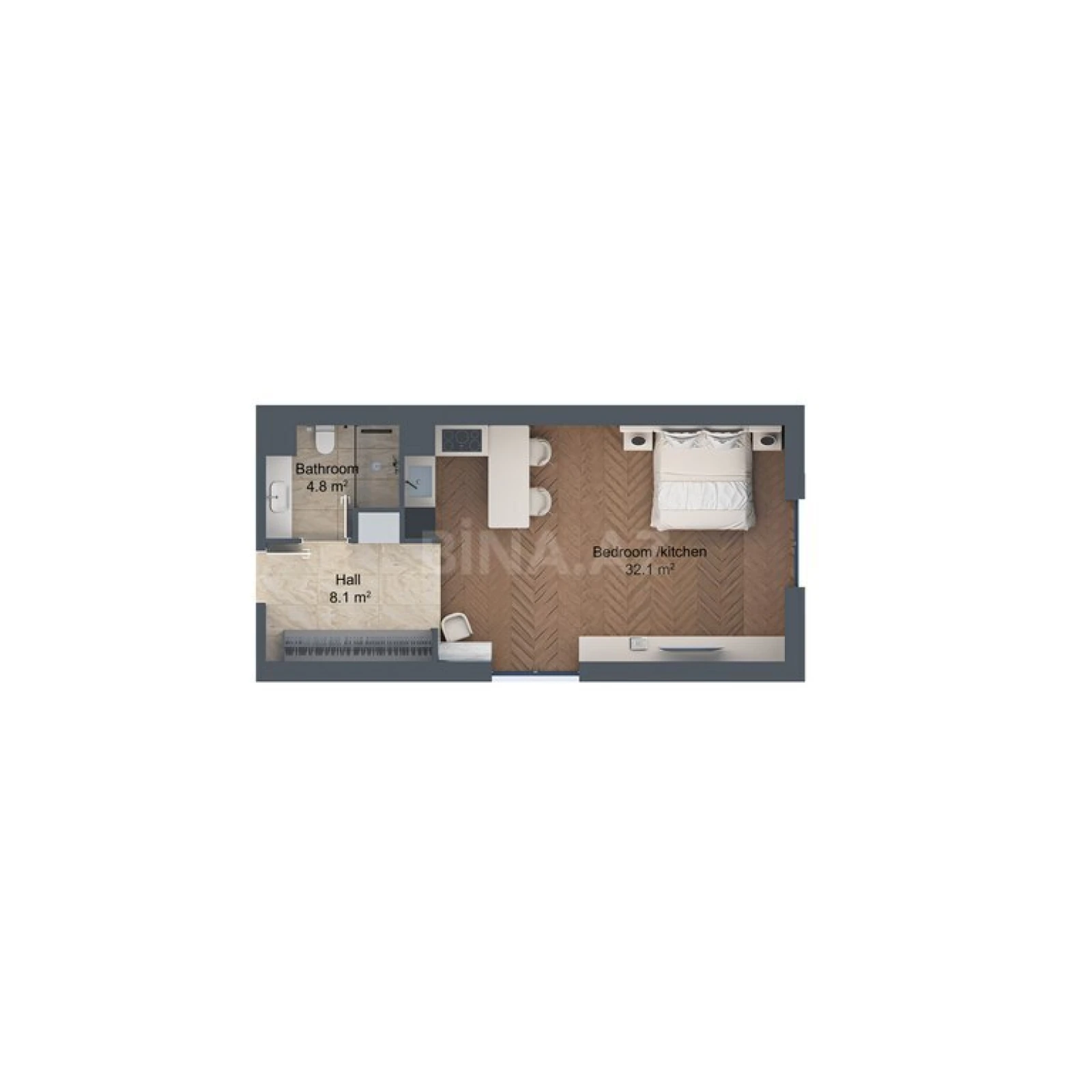 Satılır 1 otaqlı mənzil 53.5 m²